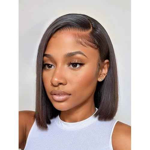 10 Inch Bob Straight Side Part 7x5 Wear and Go Glueless Wigs Human Hair Pre Cut Pre Plucked Bleached HD Lace Front Bob Wig Human Hair 180% Density Short Straight Wigs for Black Women