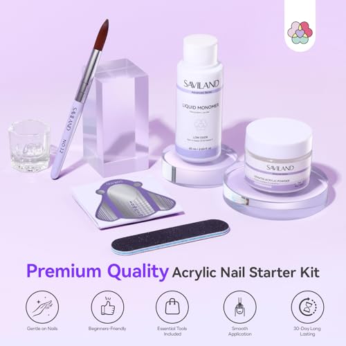 SAVILAND Advanced Acrylic Nail Kit for Beginners: 30g Clear Acrylic Powder and Liquid Set with #12 Nail Brush, Forms & Manicure Tools for Extensions DIY 3D Nail Art Sculpting Home Salon Use