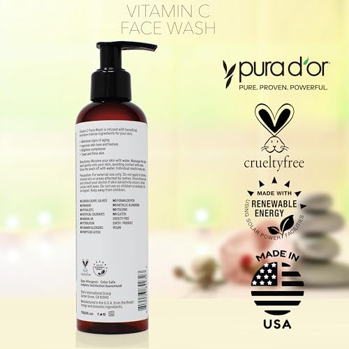 PURA D'OR 8 Oz Vitamin C Face Wash - Antioxidant Rich Brightening Facial Cleanser For Radiant Glow & Even Skin Tone - Gentle, Refreshing, Nurturing, Hydrating - Sulfate & Paraben Free - All Skin Types