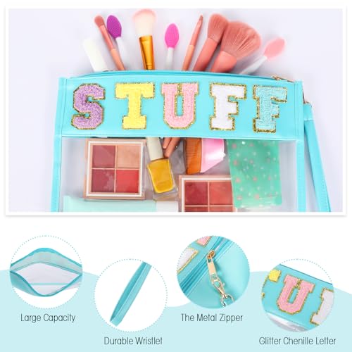 Nuanchu 9 Pcs Clear Stuff Pouch for Travel & Makeup, Chenille Letter Bags PVC Waterproof Snack Bag, Cosmetic Pouch Preppy Gifts for Women Vacation