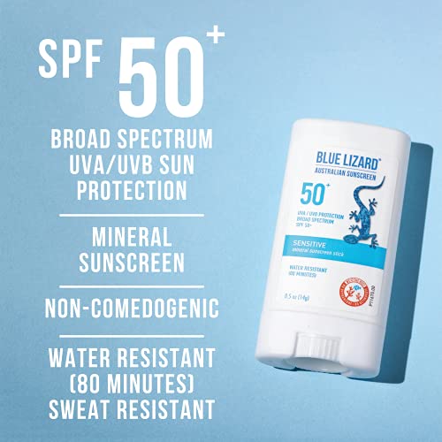 Bundle of BLUE LIZARD Sensitive Mineral Sunscreen with Zinc Oxide Sensitive, SPF 50 5 Fl Oz + 3-Pack Blue Lizard Mineral SPF 15 Lip Balm:Natural Coconut Flavor, Each Tube 0.13 oz.