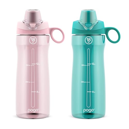 Pogo 18oz Plastic Water Bottle with Chug Lid and Carry Handle, BPA Free, Dishwasher Safe,Perfect for Travel, School, Outdoors, and Gym, 2 Pack, Aquaviva/Pink Satin