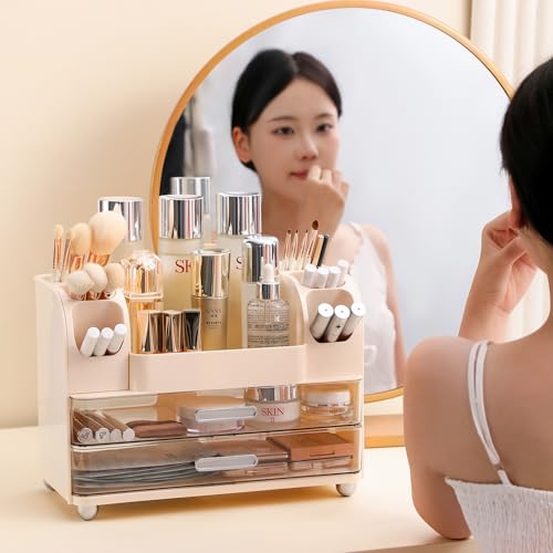 Anyoifax Makeup Organizer with Large Drawers and Clear Compartments, Beige