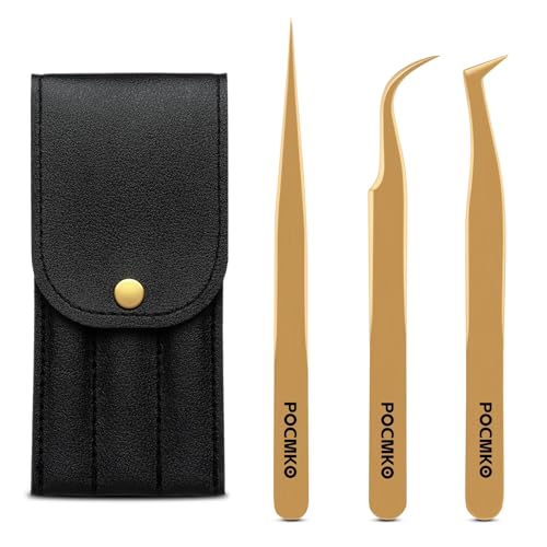 Lash Tweezers Set for Eyelash Extension, Eyelash Tweezers for Classic Individual and Volume Lash Extensions, Complete with Storage Case (Gold, 3PCS Set)