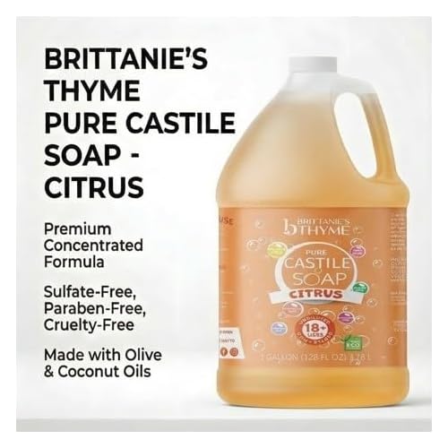 Brittanie's Pure Organic Castile Soap Refill, 1 Gallon Citrus | Liquid Soap for Face, Body, Hands, Dishes, Pets, Laundry | Vegan, Non-GMO, Gluten-Free, Biodegradable | Made in USA