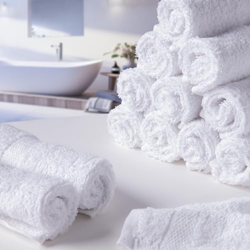 Living Fashions Premium White Cotton Washcloths Set of 24 - Thick Loop Pile Wash Cloths 12"x12" - Ultra-Soft 100% Ring-Spun Cotton Face Towels - Luxury Spa Quality Face Cloths