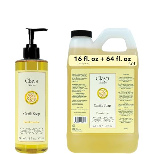 Claya Frankincense Liquid Castile Soap ? Organic Ingredients, Biodegradable, Aromatic with Citrus and Spice, Gentle for Skin (16 fl oz (Pump Cap) and 64 fl oz)
