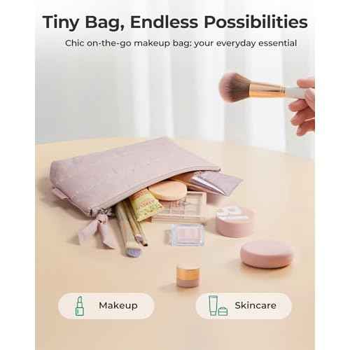 BAGSMART Small Makeup Bag, Puffy Portable Cosmetic Pouch with Charm Zipper, Water-Resistant Travel Organizer for Women (Baby Pink, Small)