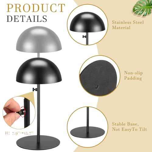 Sintuff 2 Pcs Hat Display Stand 7.9-15.7 Inch Adjustable Hat Holder Sturdy Wigs Head Stand Anti-rust Non-slip Stable Stainless Steel Metal Hat Rack for Multiple Hats Storage Wig(Black,Round Base)