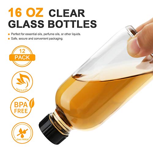 16oz Glass Bottles, 12 Pack Clear Glass Storage Bottles Sets with Lids