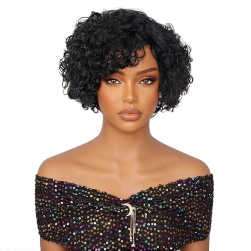 SUPERNOVA Black 04 Pixie Cut Curly Wig 6 Inch Human Hair Side Part, Glueless, Natural Style