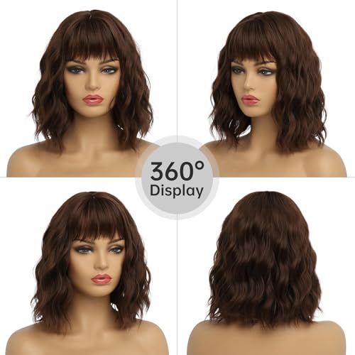 EssionTech Short Brown Bob Wig with Bangs 14 Inch – Premium Synthetic Wavy Wig