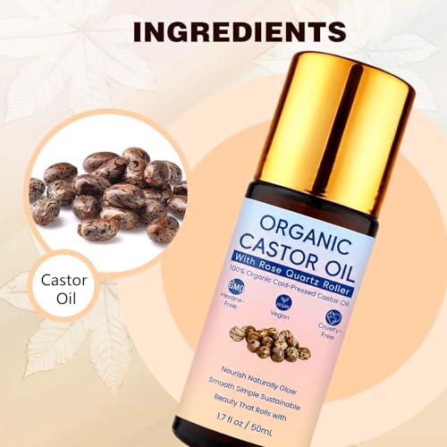 Organic Castor Oil Roll-On with Rose Quartz Roller, 100% Pure