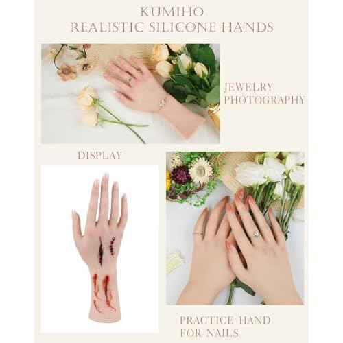 KUMIHO Realistic Silicone Female Hand Model Fake Hand for Jewelry Display Tattoo Training Practice Art Sketch with Nails, Left Hand - with Skeleton, White