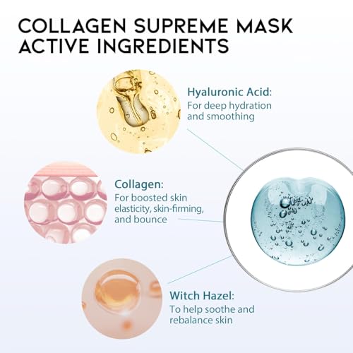 #OOTD Collagen Hydrating Sheet Masks for Face Korean Anti Aging Mask Sheet for Dry Skin & Sensitive Skin, EVE Vegan, Not Tested on Animals, No Parabens, No Sulfates, Hyaluronic Acid, Witch Hazel 10EA