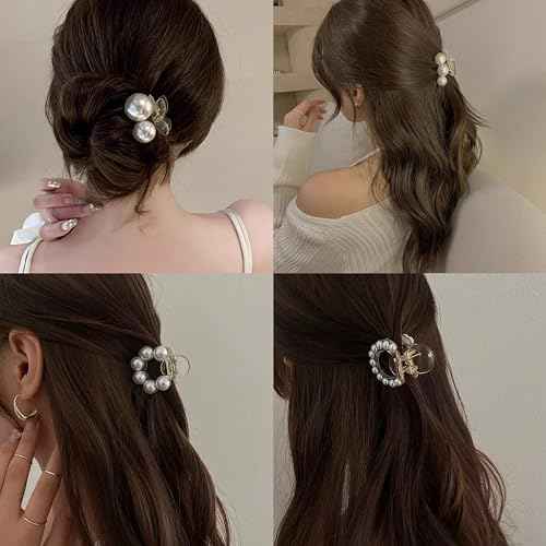 Pearl Hair Clips for Women, Small Hair Claw Clip Strong Hold,Mini Banana Jaw Clip Barrettes Nonslip,Hair Accessories Set Birthday Wedding Gift for Girl Thick Thin Curly Hair(5 PCS)
