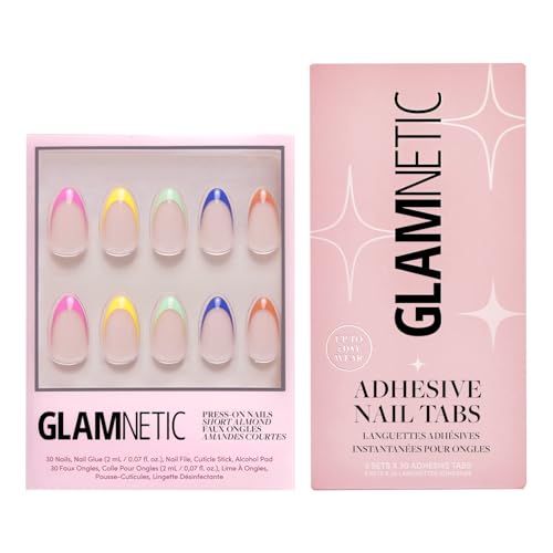Glamnetic Press-On Nails & Adhesive Nail Tabs - Sprinkles | Glossy Short Almond Rainbow French Tip Nails | 12 Sizes - 24 Nail Kit with Adhesive Tabs