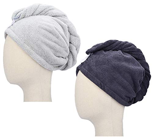 HOPESHINE Microfiber Hair Drying Towel Turban Twist for Long Hair Magic Instant Dry Hair Towel Wrap Fast Drying Absorbent Cap Great Gift for Women and Girls 2-Pack Dark Grey + Light Grey