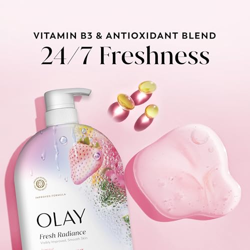 Olay Body Wash for Women, Fresh Radiance, 24/7 Skin-Loving Freshness, Visibly Radiant, Plant Based Cleansers, Vitamin B3 & Antioxidant Blend, For All Skin Types, Strawberry & Mint Scent, 35 fl oz