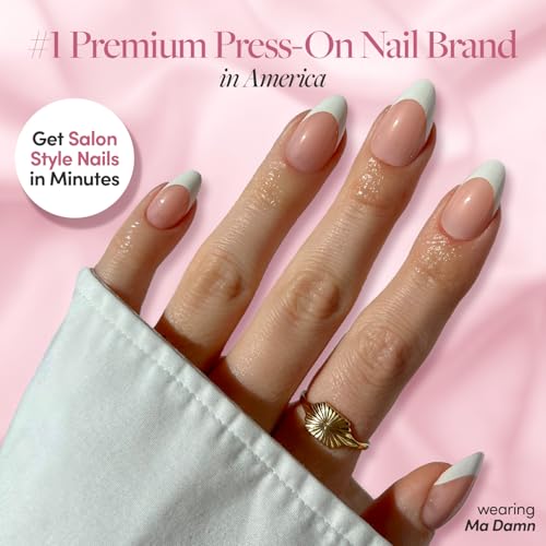 Glamnetic Press On Nails & Brush On Nail Glue Bundle - La Perle | Squoval White Nails with French Tips | 15 Sizes - 30 Nail Kit with Glue | Reusable, Salon-Quality Fake Nails