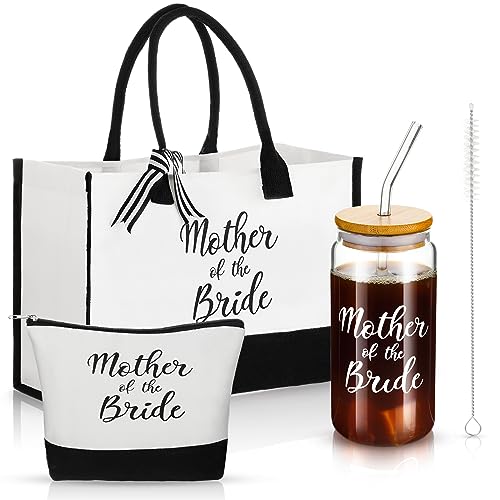 Zubebe 3 Pcs Bride Gifts for Bachelorette Party Bridal Shower Wedding Gift Set Include Glass Cup Canvas Tote Bag Makeup Bag