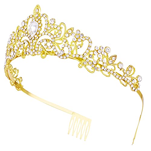 Crowns for Women, Vofler Gold Tiara Crystal Rhinestone Hair Accessories Decor for Princess Queen Ladies Little Girls Adult Bridal Bride Birthday Wedding Pageant Prom Halloween Costume Party with Combs