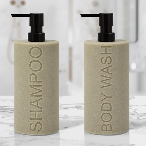 Resin 2 Pack Shampoo, Conditioner or Body Wash Dispenser Set, Luxurious Refillable Pump Bottles with Matte Pump Top and Embossed Text, Durable Design for Bathroom and Shower
