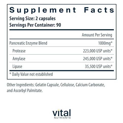 Vital Nutrients Pancreatic Enzymes 1000mg Digestive Supplement - 180 Capsules