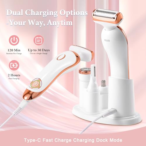 Bikini Trimmer for Women,4-in-1 IPX6 Waterproof Electric Shaver,USB Cordless Painless Electric Razors with LED Display for Legs Bikini Facial Hair Removal, Body Wet&Dry Use Razor Kit for Lady Grooming