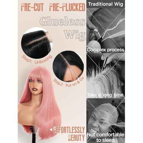 Pink Glueless Lace Front Wig For Women | 26 Inch Long Straight Layered Synthetic Wig With Curtain Bangs | Heat Resistant, Wear & Go, No Glue Needed | Cosplay & Daily Use