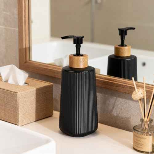 Black Glass Soap Dispenser, Thickened Glass Hand Soap Dispenser for Bathroom, Kitchen Dish Washing Liquid Bottles, Shampoo and Conditioner Bottles, Modern Farmhouse Style, (Black, Set of 1, 12oz)
