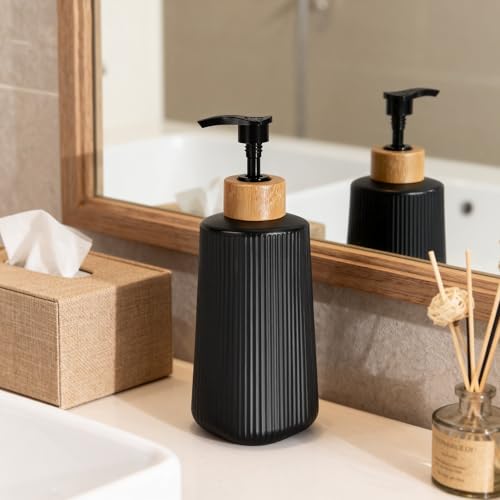 Glass Soap Dispenser, 12oz Modern Farmhouse Style with Bamboo Pump