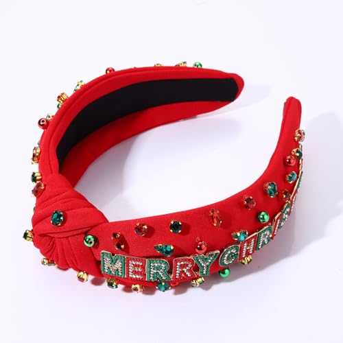 Christmas Headband for Women Holiday Christmas Accessories Beaded Xmas Bow Tree Snowflake HOHOHO Knotted Headband Red Green Crystal Pearl Top Knot Headband Festive Holiday Gifts (MERRY CHRISTMAS 2)