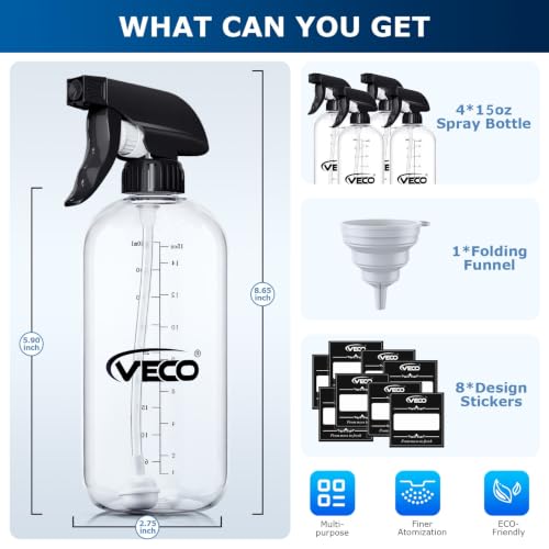 Veco 15oz Spray Bottle 4-Pack - 360° Any-Angle with Adjustable Nozzle