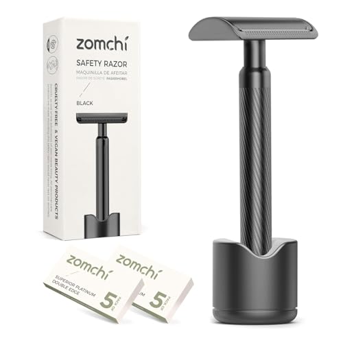 ZOMCHI Double Edge Safety Razor with Razor Stand, [New Version 2.0 ] Men¡¯s Metal Razor with 10 Safety Razor Blades for Men & Women - Matte Black
