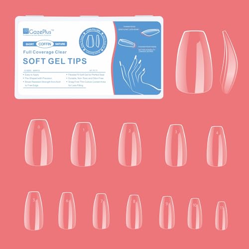 GazePlus Nail Tips - 600pcs, 12 Sizes Clear Short Coffin Nail Extension Tips Set, Full Coverage Soft Gel Tips Fake Nail Tips for Acrylic Nails False Nail Tips Perfect for DIY at Home Nail Salon