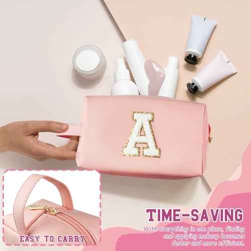 Personalized Initial Makeup Bag with Handle, Preppy Cosmetic Bag with Inner Zipper Pocket, 8 9 10 11 12 13 14 Years Old Girl, Graduation Gifts for Teen Girls Women Teachers (A, Pink)