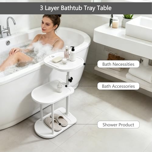 Bamboo Bathtub Tray Table with 3 Storage Layers, Height Adjustable