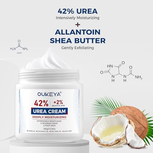 OUKEYA Urea Cream 40 Percent, Urea Foot & Hand Cream for Dry Cracked, 40 per Urea Lotion for Feet Maximum Strength with Urea Cream 42% plus Salicylic Acid 2% Net 350g for Dry Cracked Feet, Heels, Knee