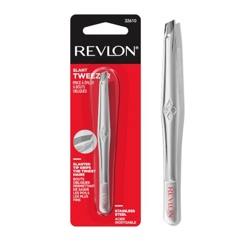 Revlon Slant Tip Tweezer - Silver, Pack of 1 - Precise Hair & Eyebrow Grooming