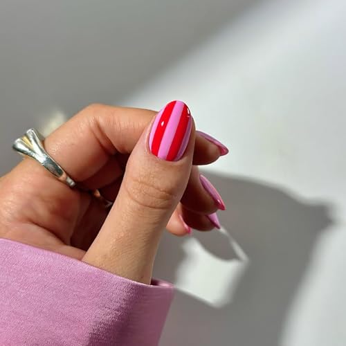 Byeokip Almond Short2 Rose Pink Press On Nails Set - Reusable Fake Nails with Stripe Design, Glossy Finish, 24 Pcs