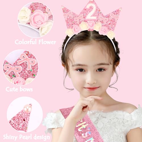 2nd Birthday Sash & Tiara Headband Set for Girls Pink