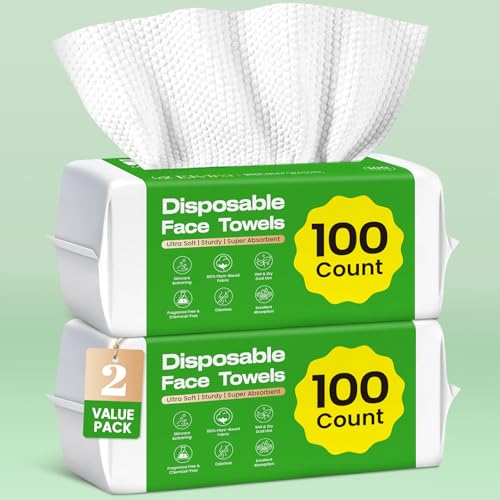 Elvira 200 Count (2 Pack) Disposable Face Towels, Biodegradable Skincare Facial Cleansing Towels, Ultra Soft & Thick Makeup Remover Dry Wipes, Lint-Free & Vegan for Sensitive Skin, Travel Essential