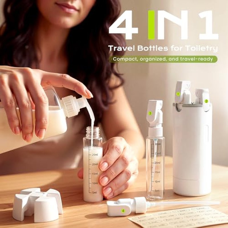 4-in-1 Travel Dispenser Bottle, Leak-Proof Refillable Toiletry Container