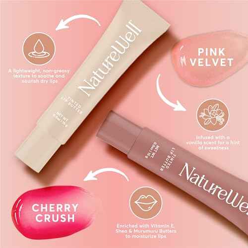 NATURE WELL Tinted Lip Butter Variety Pack, Shear & Subtle Tinted Moisturizing Balms, Vanilla Scented, Lightweight & Non-Greasy, Vitamin E, Shea, & Murumuru Butters, 0.50 Oz Each (Pack of 4)