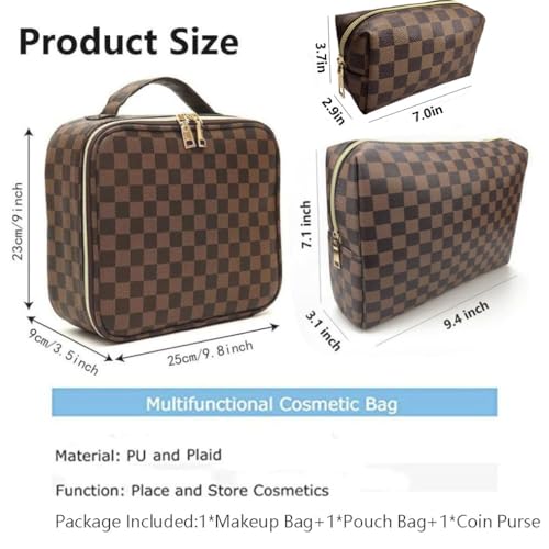 Makeup Bag,3 Pcs Brown Checkered Bags Set,Portable with Adjustable Partition,Large Capacity Pouch for Travel Cosmetic Organizer, Makeup Brushes,Waterproof, Toiletries,Designer for Gift,Checkered