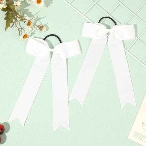 CEELGON 20 PCS College Style Cheer Bows Collegiate Long Tail Skinny Cheer Bow Elastic Hair Tie Bows for Teens Girls Softball Competition Sports Cheerleaders (White)