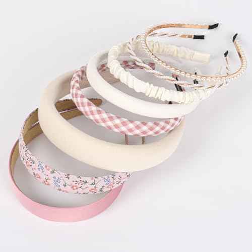 LYroo Headbands for Women Girls Non Slip - 8 Pack Wide Padded Headband Cute Floral Headbands Fashion Pearl Beaded Thin Head Bands Trendy Hair Accessories(White & Pink)
