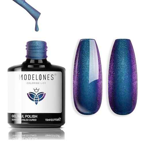 modelones Blue Gel Nail Polish, 15 ML Chameleon Purple Polish Black Holographic Blue Shimmer Glitter Polish Soak Off LED Winter Nail Art Gel DIY Salon Gift