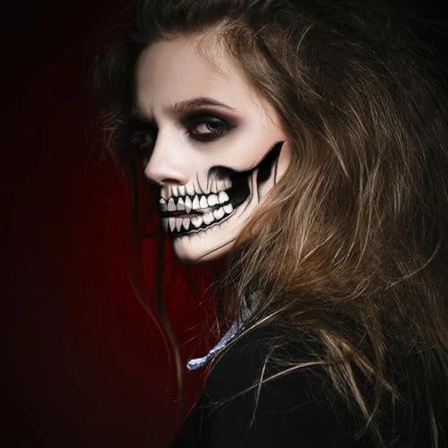 VERKSTAD Halloween 6 Sheets Skull Face Tattoo, Scary Mouth Tattoo Stickers, Horror Skeleton Vampire Death Demon Zombie Temporary Tattoos, 8 Small Pumpkin Tattoo Costume Makeup Cosplay Accessories